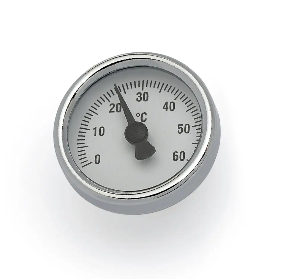 Thermometer mit einem Zifferblatt, das die Temperatur in Grad Celsius anzeigt. Die Marke Wavin ist auf dem Gehäuse vermerkt.